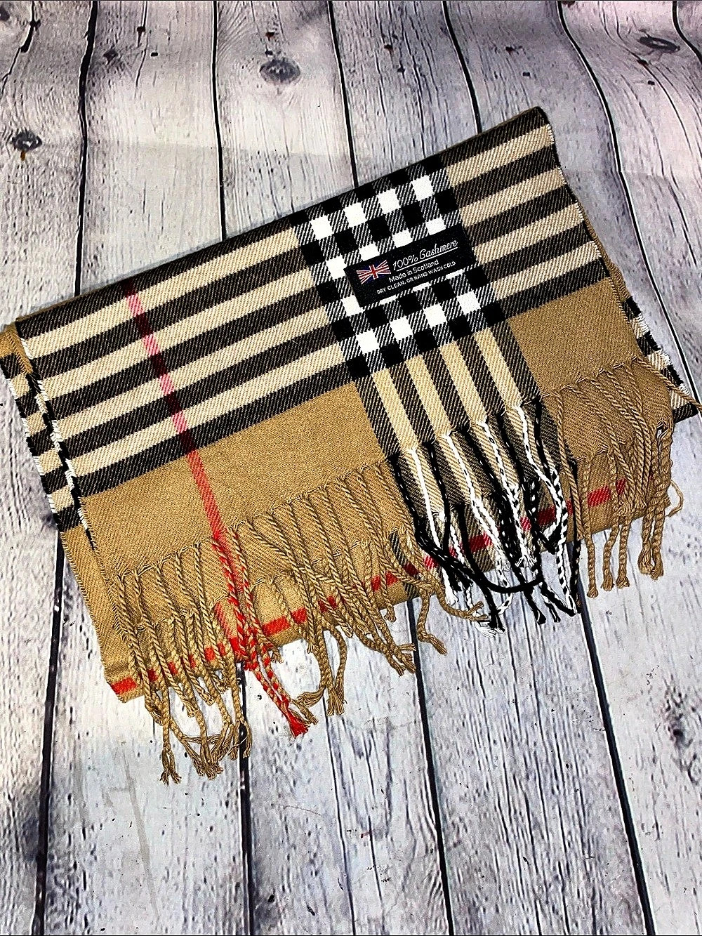 100% Cashmere Scarf in Brown & Black Large Plaid pattern • NEW
